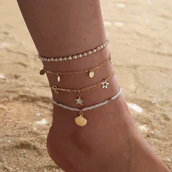 Hot Sale Good Quality Boho Jewelry Beaded Star Disc Pearl Shell Anklet Four Pieces Set