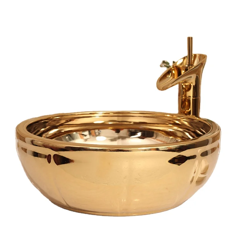 Luxury Counter TOP Basin Ceramic Wash Basin Mirror Cabinet Hand Wash Sink Gold Jingdezhen Art Counter Top Ceramic Bathroom Sink
