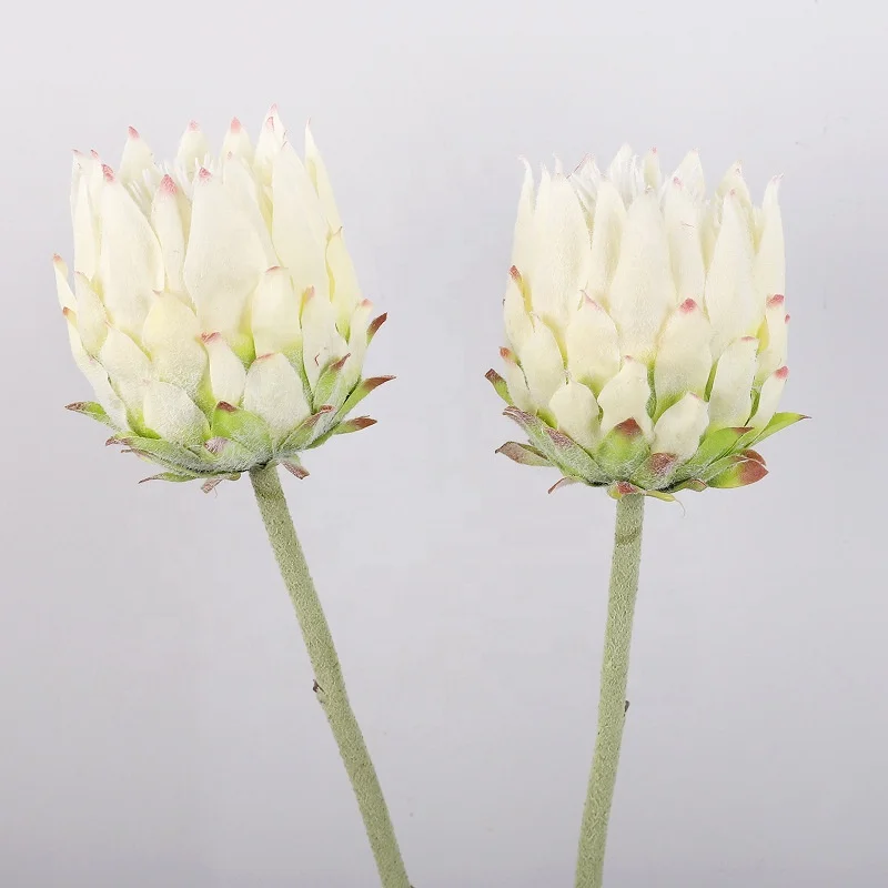 63CM High Quality Flocking Silk Faux Thistle Flowers White Artificial King Protea Flowers for Flower Arrangement