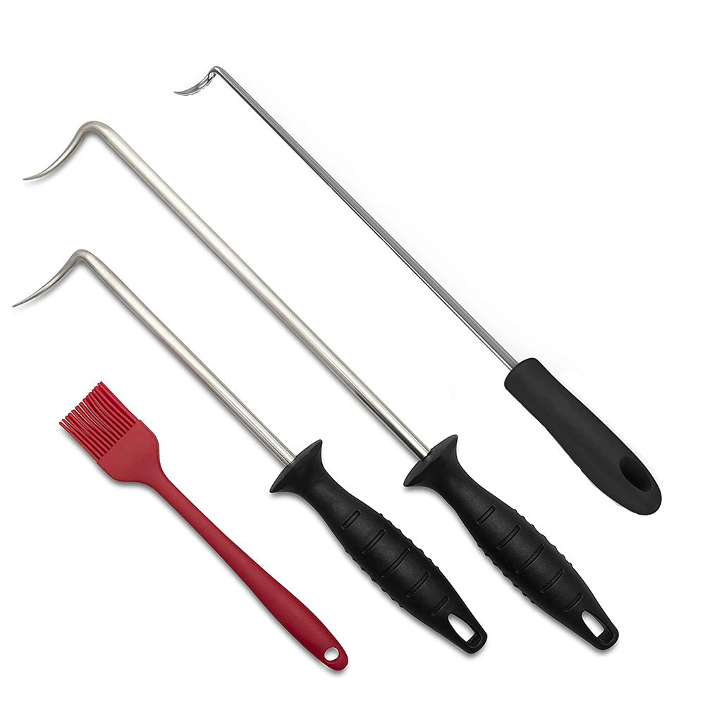 Kingwise Plastic Handle Stainless Steel Grill Pig Tail Meat Hook Food Flipper Barbecue Meat Turner for BBQ
