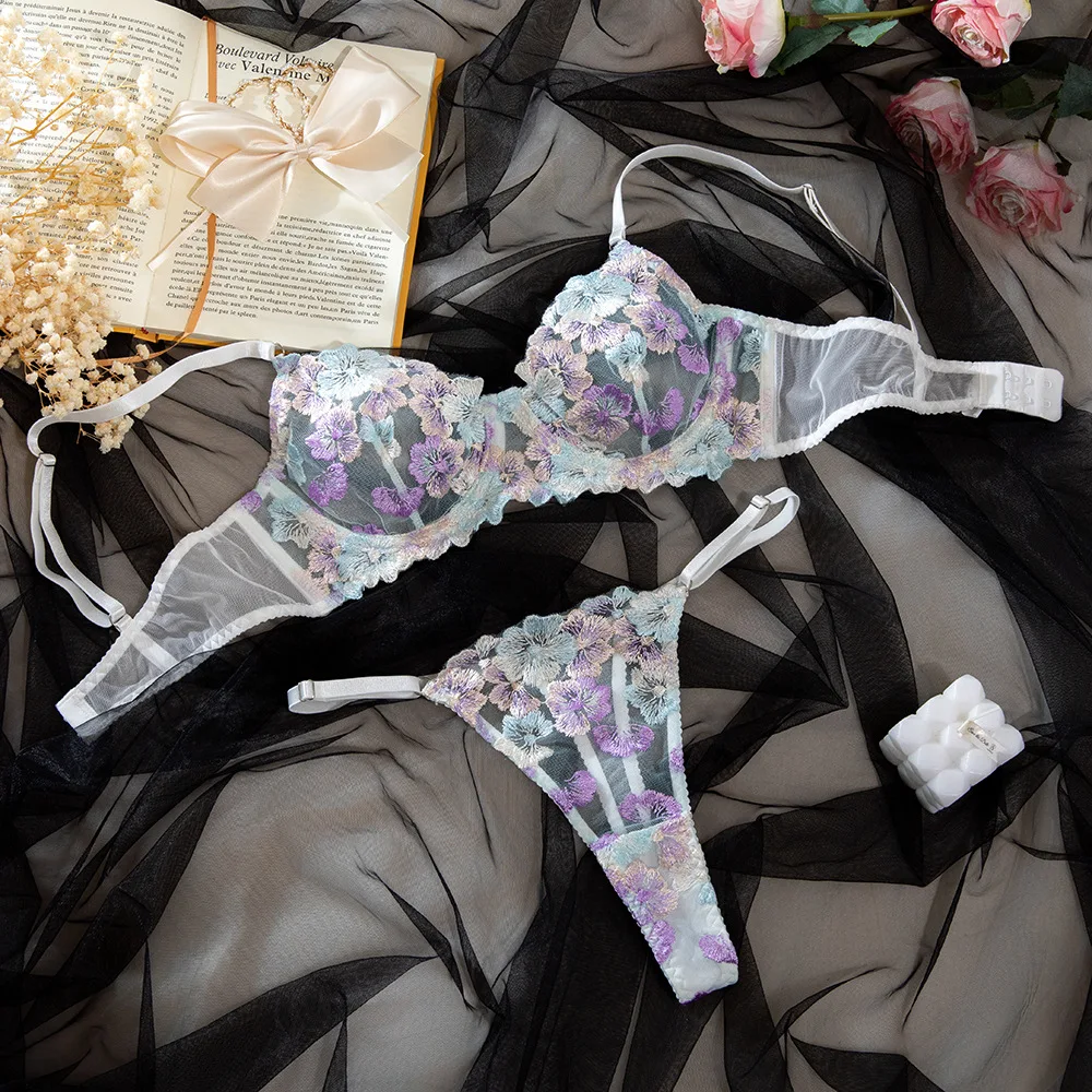 H3451 Blue Embroidery Low Bust Underwire Bra Set Sexy Hot Sexy Lingerie 2 Piece set