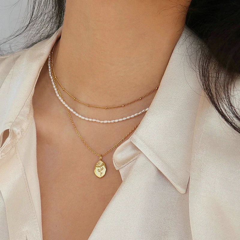 Irregular 18K Gold Plated Metal Birth Month Flora Rose Flower Floral Personalized Gift For Her Stainless Steel Pendant Necklace