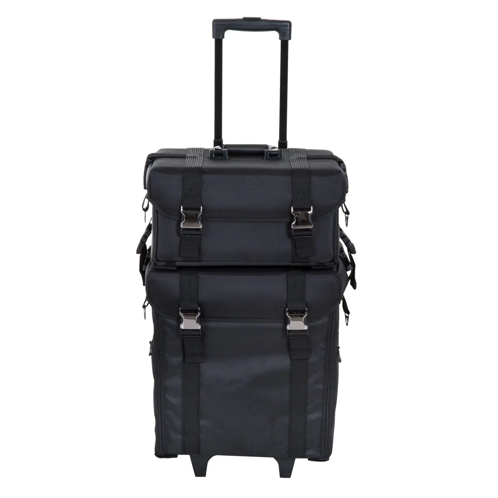 Women Rolling Makeup Case Trolley 2in1 Travel Cosmetic Train Cases on Wheels - Nylon Black Bags for Professional Make Up Artist