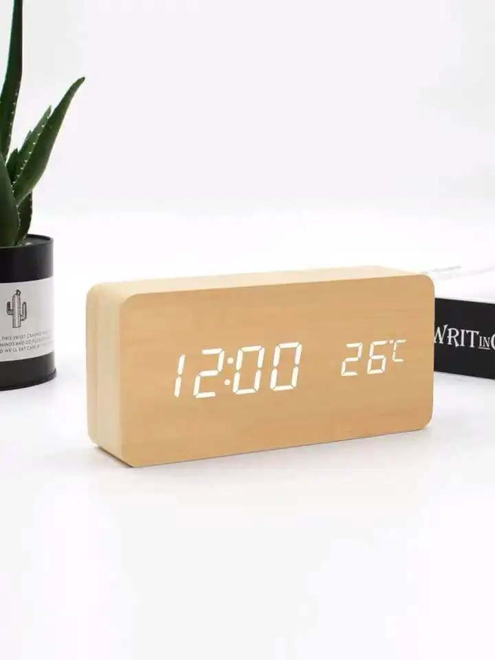  Лидер продаж на Amazon цифровой светодиодный Будильник с отображением времени и температуры для детей настольные часы регулируемым деревянным будильником