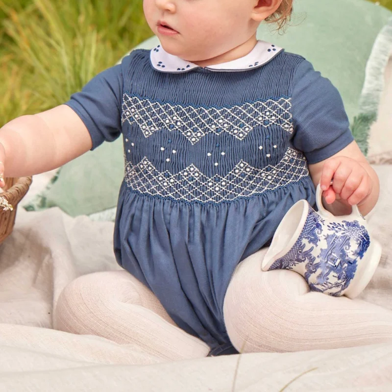 Custom Cotton Hand Smocked Baby Clothes Boutique Embroidery Short Sleeve Toddler Jumpsuit Peter Pan Collar Kids Romper Girl