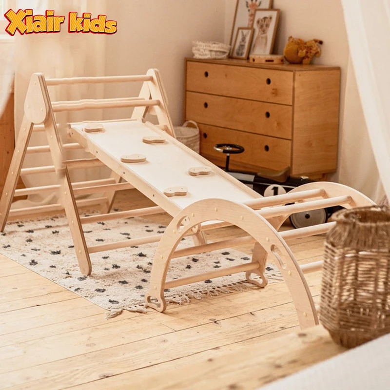 Xiair Wooden Montessori Pickler Triangle Arch Climbing Equipment Sets Foldable Piklers Climbing Triangle With Slide Ramp