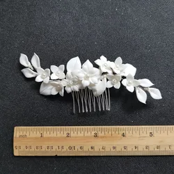 SLBRIDAL Handmade Rhinestones Pearls Ceramic Flower Leaf Bridal Hair Comb Wedding Headpieces Hair accessories Women Jewelry