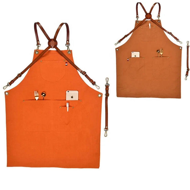 
Double-sided cotton linen apron kitchen restaurant custom logo barista overalls leather shoulder strap tool pocket apron 
