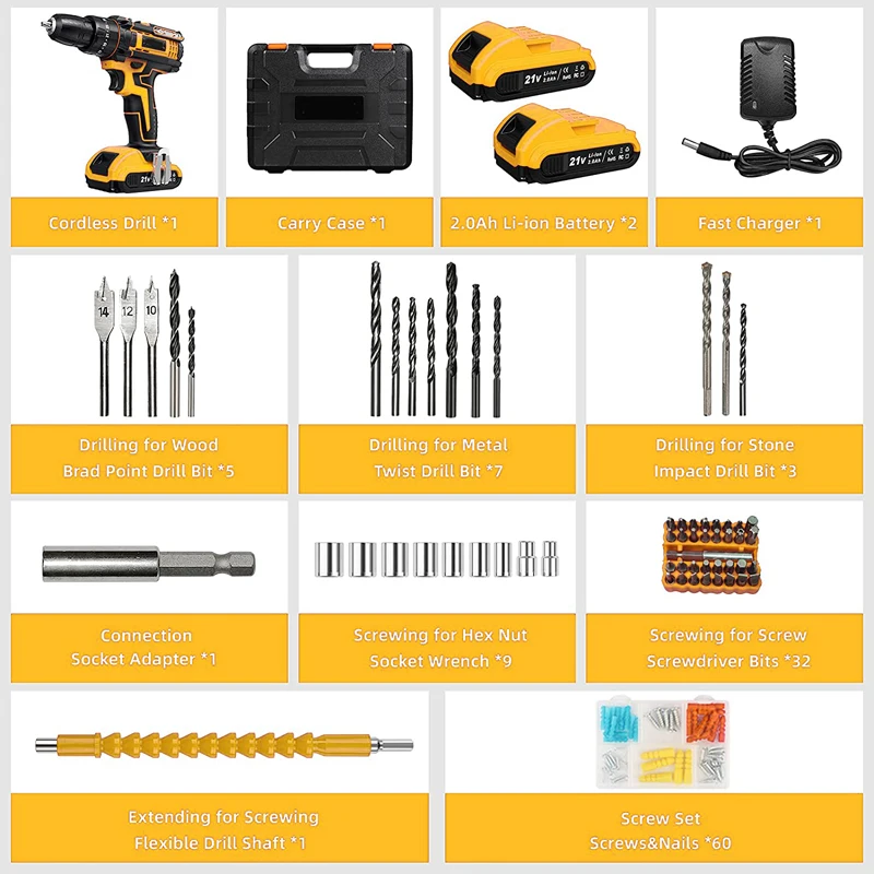 59pc 21V 2000mAh Cordless Power Drill Driver - 1500RPM 42Nm Torque. Includes Full Bit Set and 2 Batteries for DIY