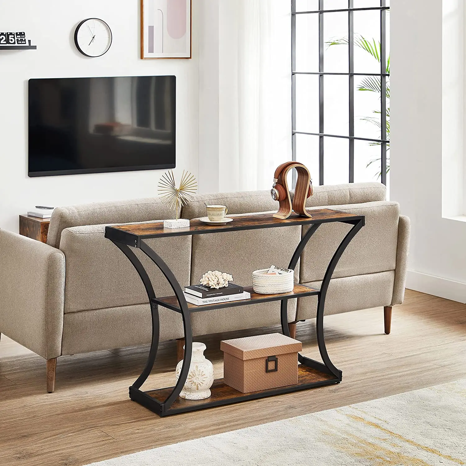 Sofa Table with Curved Frames 2 Open Shelves, for Hallway Entryway Living Room