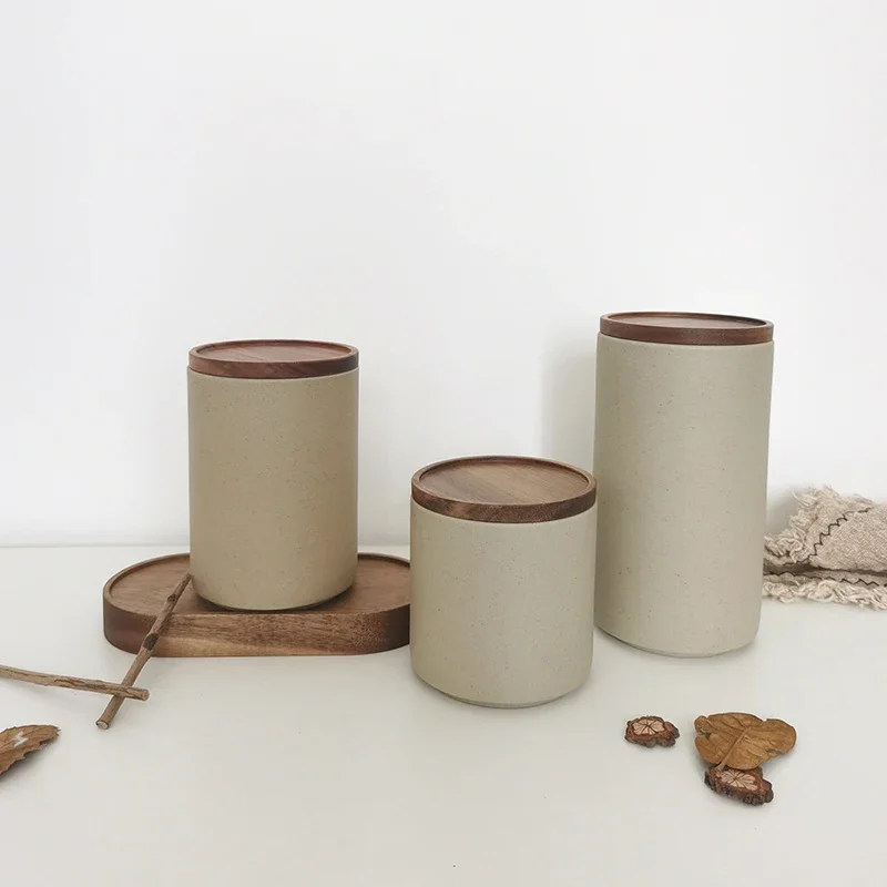 Porcelain Custom Kitchen Food Snack Tea Coffee Bean Sugar Ceramic Candy Cookie Canisters Tray Storage Jar With Wooden Lid Set