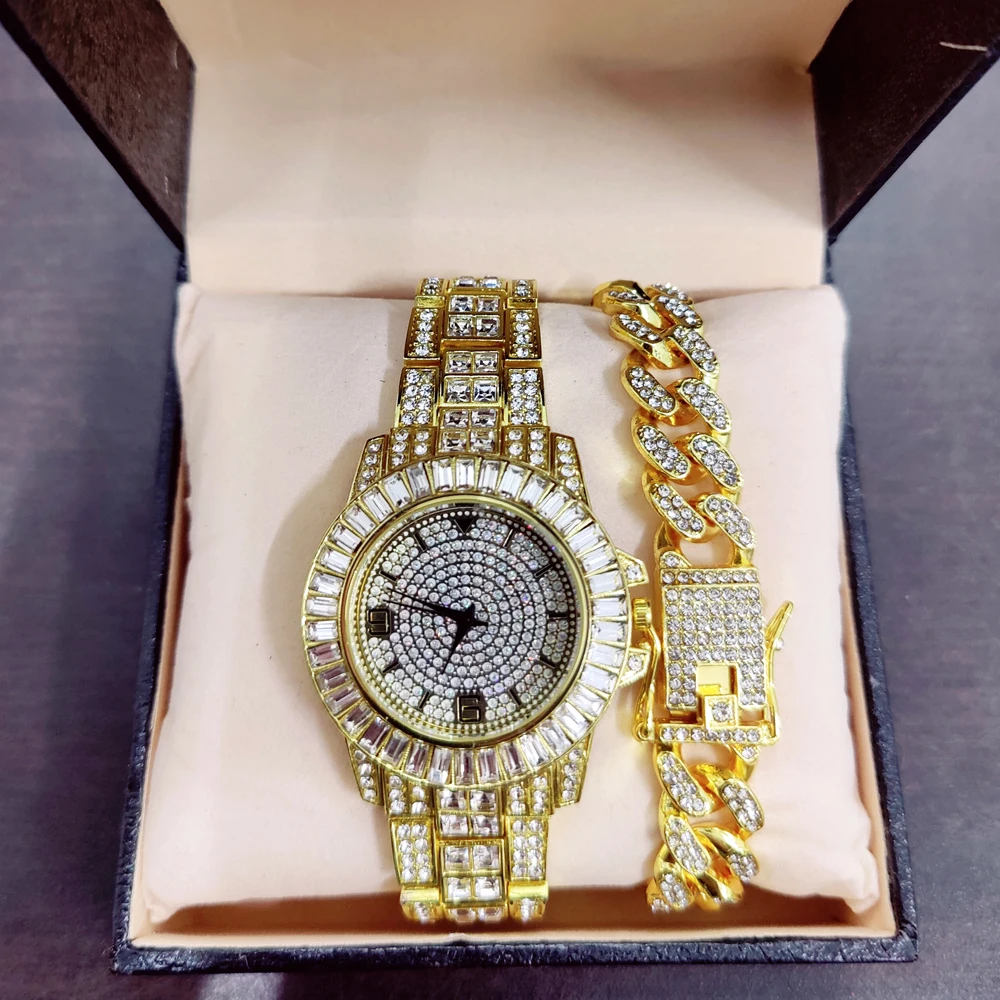 Diamond Watch + Bracelets +box set Iced Out quartz watch for Men Cuban Chain for Men Watch montre femme reloj wristwatches