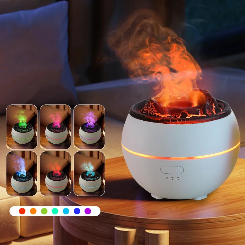 2024 New Ultrasonic Volcano Vaporizer Aroma Diffuser Humidifier with 3D Flame with Intelligent Timing Function for Home Office