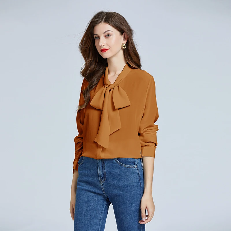 High Quality Basic Silk Blouses Crep De Chine Bow Tie 100% Mulberry Shirts for Women