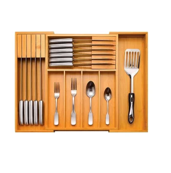 Bamboo kitchen drawer cutlery expandable silver storage box with divider and removable knife holder, adjustable