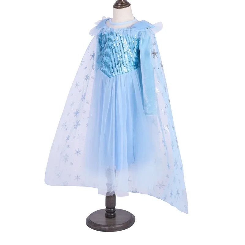 kids baby girls  dress party  elsa princess cosplay children dance costumes  ice queen bling blue long sleeve dress