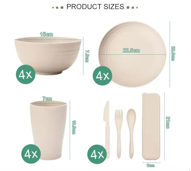 Plates and Bowls Spoon Fork Knife Set Wheat Straw Plastic Dinnerware Tableware Set