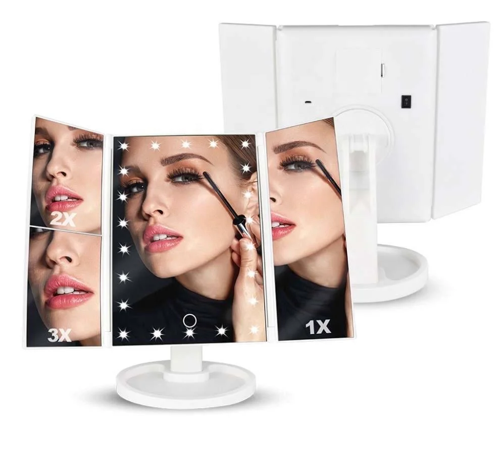 Multi Function Tabletop Trifold Lighted Vanity Mirror with LED Light Touch Screen 3X/2X/1X Magnification Desktop Makeup Mirror