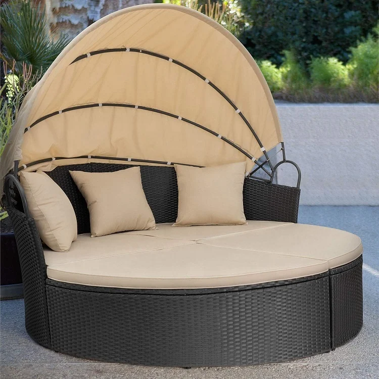 Outdoor with Canopy Set Wicker Tanning Rattan for Two Round Oversized Daybed Relaxing Sunbed