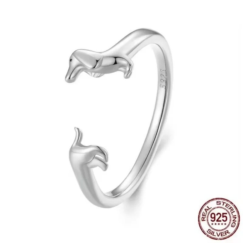 925 Sterling Silver Dachshund Open Rings Cute Adjustable Wiener Dog Rings