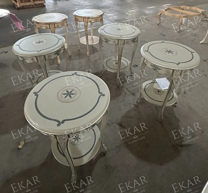 Luxury French Style Classic Living Room Furniture Carved Gray Round MDF Top Wooden Sofa Side Table Antique Corner Table