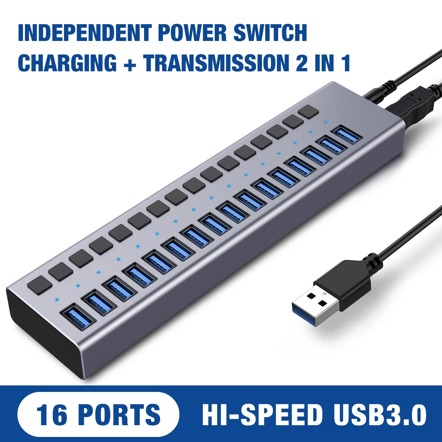 Hot Selling Multiport USB Ports External 90W Power Adapter USB 3.0 Hub 16 Port USB Hubs with Switches for laptop