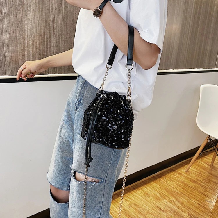 2022 Fashion Sequins Leather Delicate Luxury Lady Bucket Purses And Handbags For Women