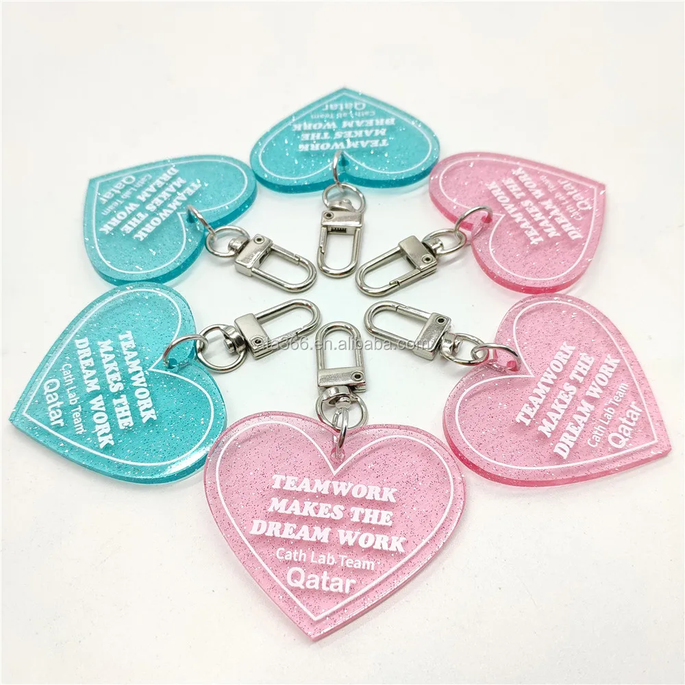 Colorful Plastic Glitter Acrylic Heart Shape Motel Hotel Keychain With Key Ring Logo Printing Key Tag