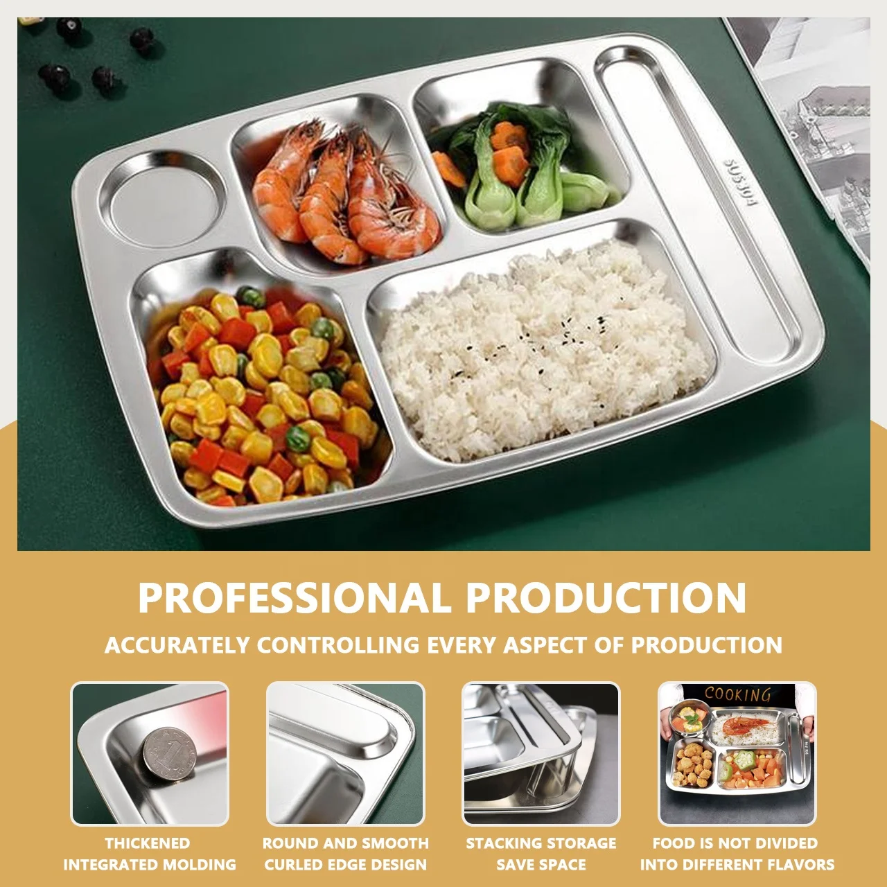 YITIAN School Lunch Box Fast Food 304 Stainless Steel Serving Divided Snack Dinner Plate Tray 5 Compartments Section With Lid
