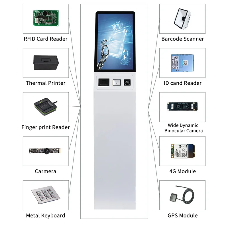 Floor Standing 15.6 Inch Integrated Software Self Service Kiosk POE Android Payment Kiosk With QR Code Scanner Camera