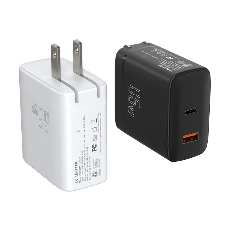 type-c port gan pd charger 65w new arrival quick charging fast travel charger qc 3.0 usb wall charger with US plug ETL FCC mark