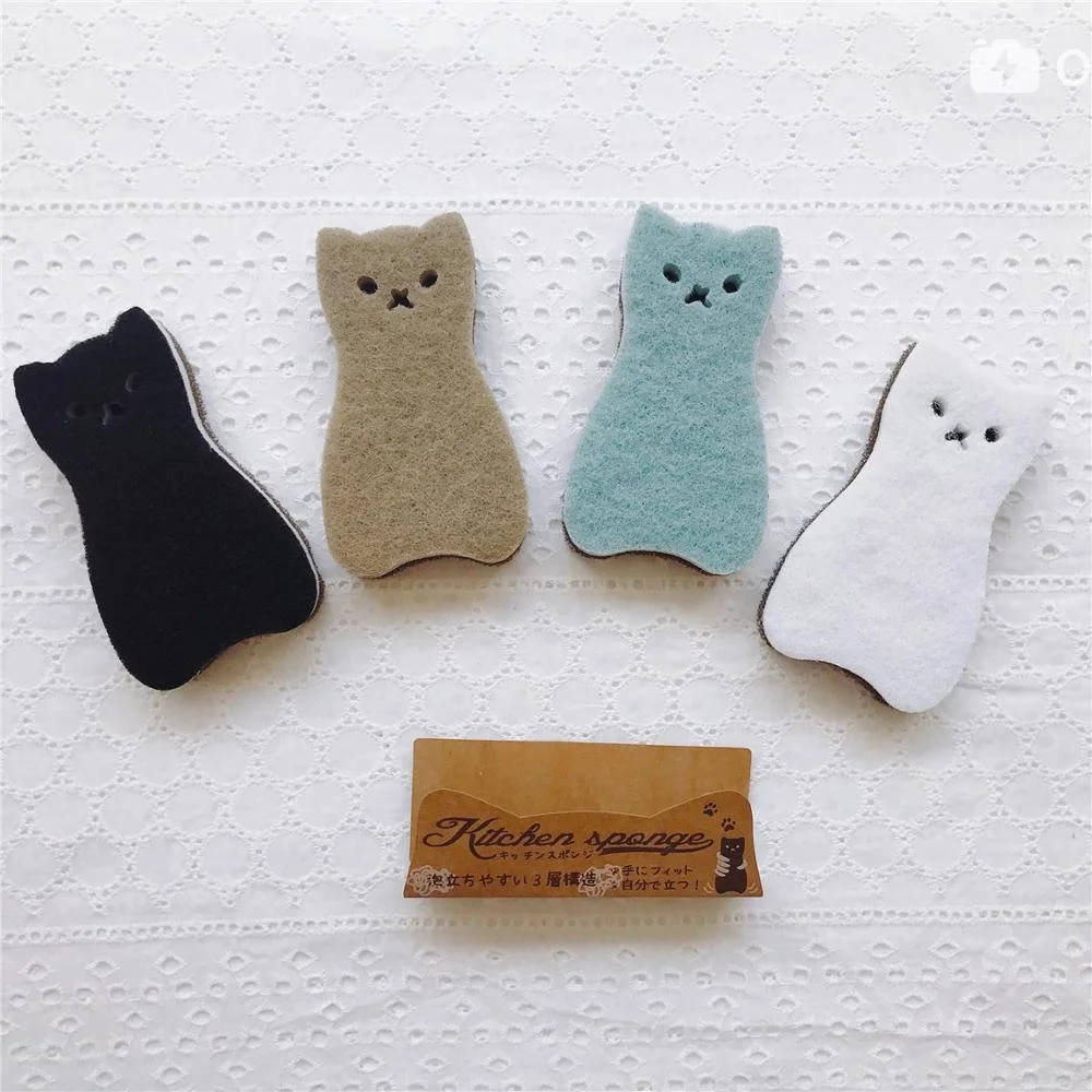 Multilayer Compound 4 pcs/pack super cute cat Non-abrasive nylon kitchen sponge Daily necessities products