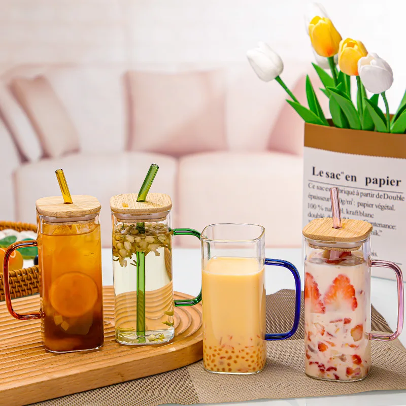 Drinking Glasses with Bamboo Lids and Glass Straw square Shape Cup Mug Lid