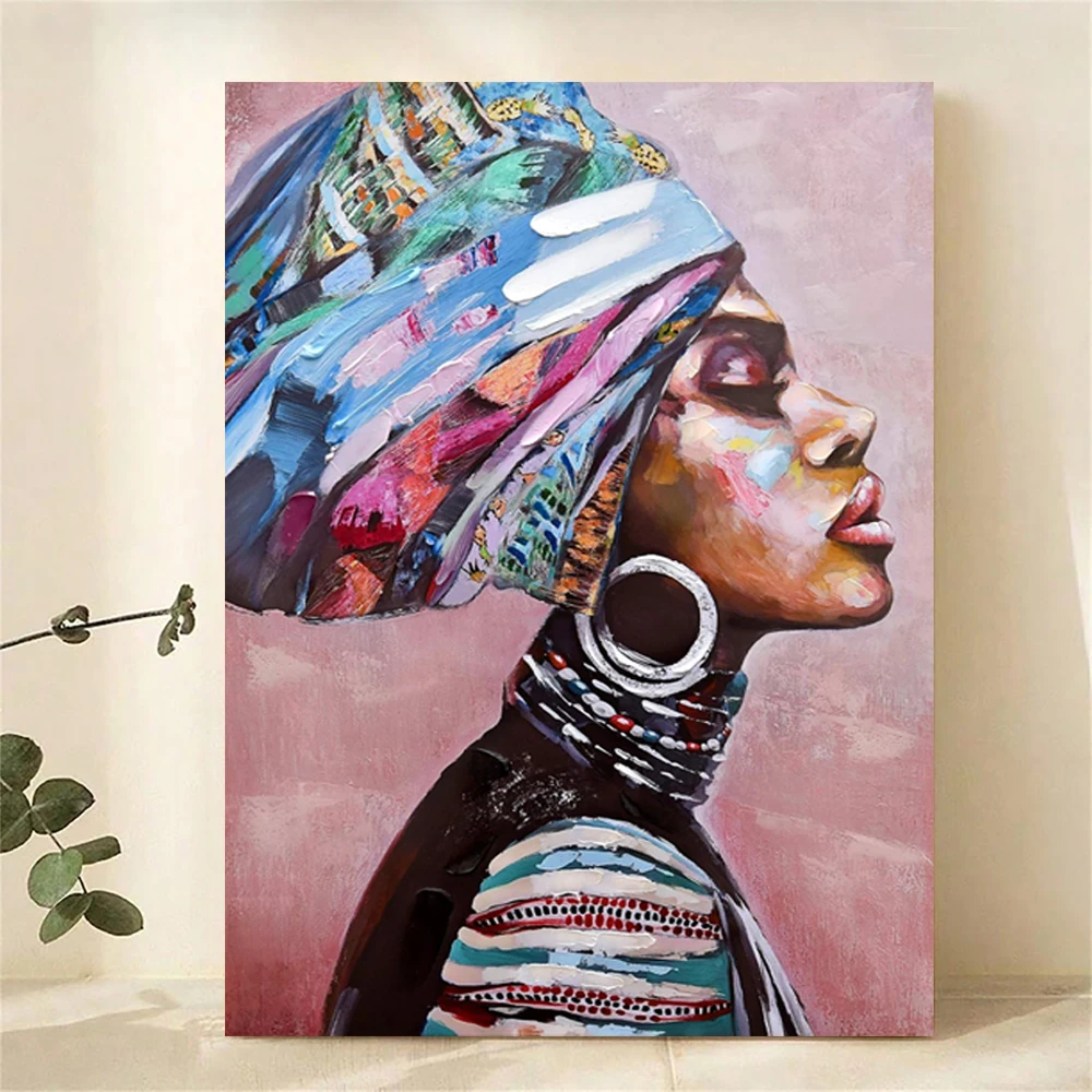 Large canvas african american black girl oil painting colorful modern woman painting