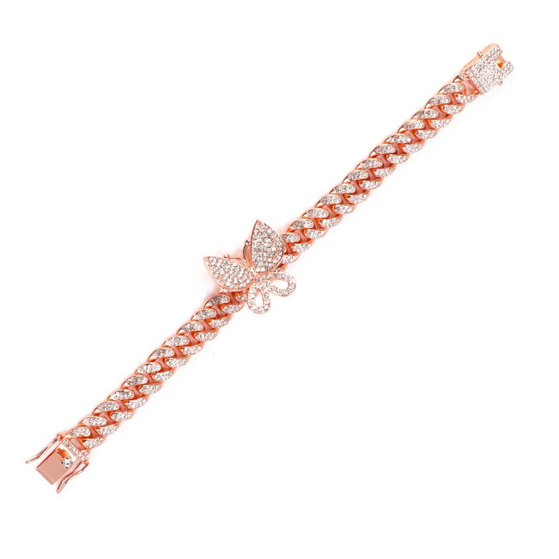 Luxury Personalized Hot Selling Hips Hops 12mm Bling Bling Rhinestone Crystal Rose Gold Butterfly Cuban Chain Choker Necklace