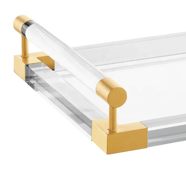 Acrylic serving tray with golden handle, mirror acrylic hotel serving tray with metal decoration