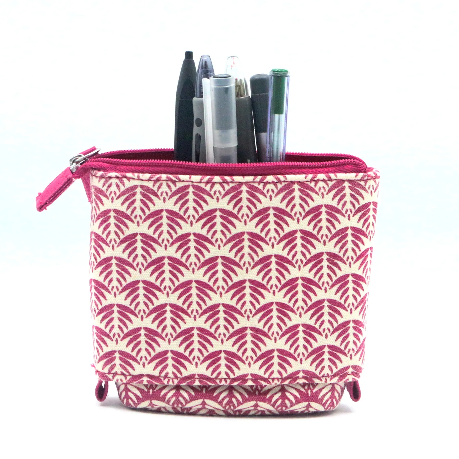 2022 Amazon Hot Sale Pop-up Canvas Pencil Bag Pink White Palm Leaves Pattern Telescopic Pen Holder Canvas Stationery Pencil Case