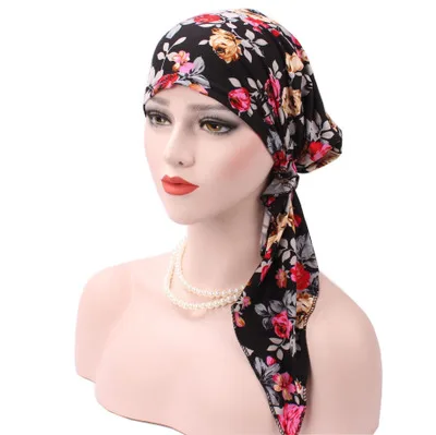 Vintage Women Cotton Scarf Chemo C ap Bowknot Turban Hair Loss Hat Flower Prints Turban Head Scarves Pre-Tied Headwear Bandana