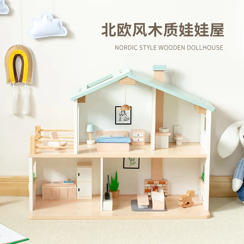 Kids Two Layer Doll House Toy Educational Role Pretend Play Simulation Nordic Style Wooden Dollhouse Furniture Girls Villa Toys