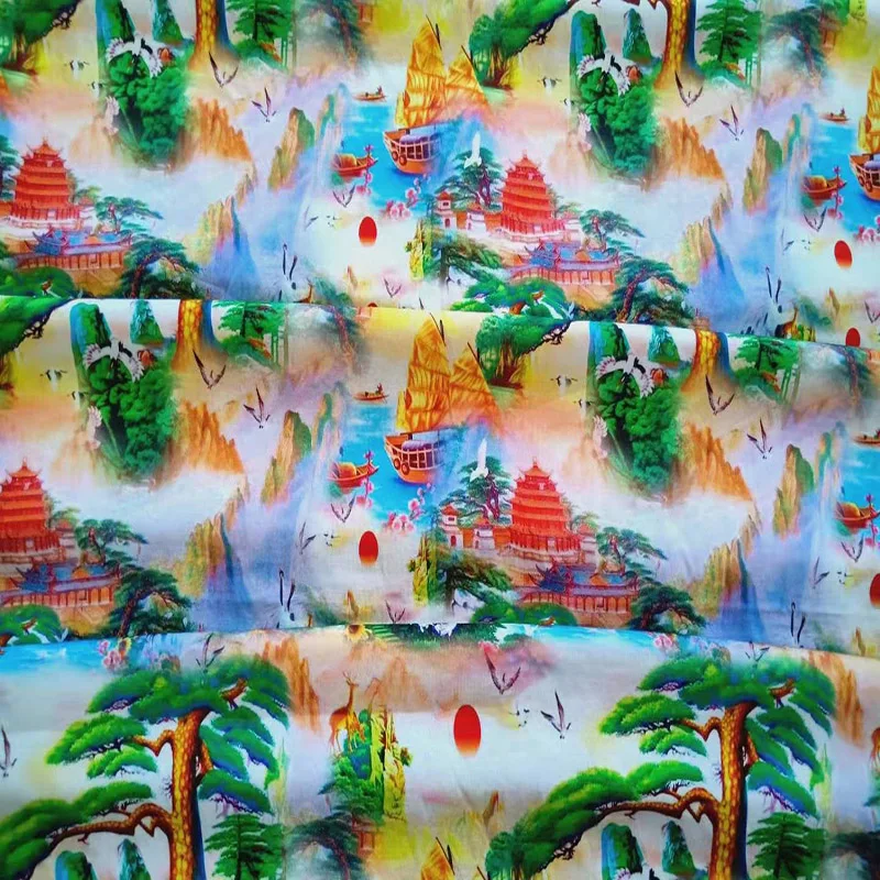 Custom Digital Landscape Painting Design Printing Mercerized Cotton Fabric For Clothing