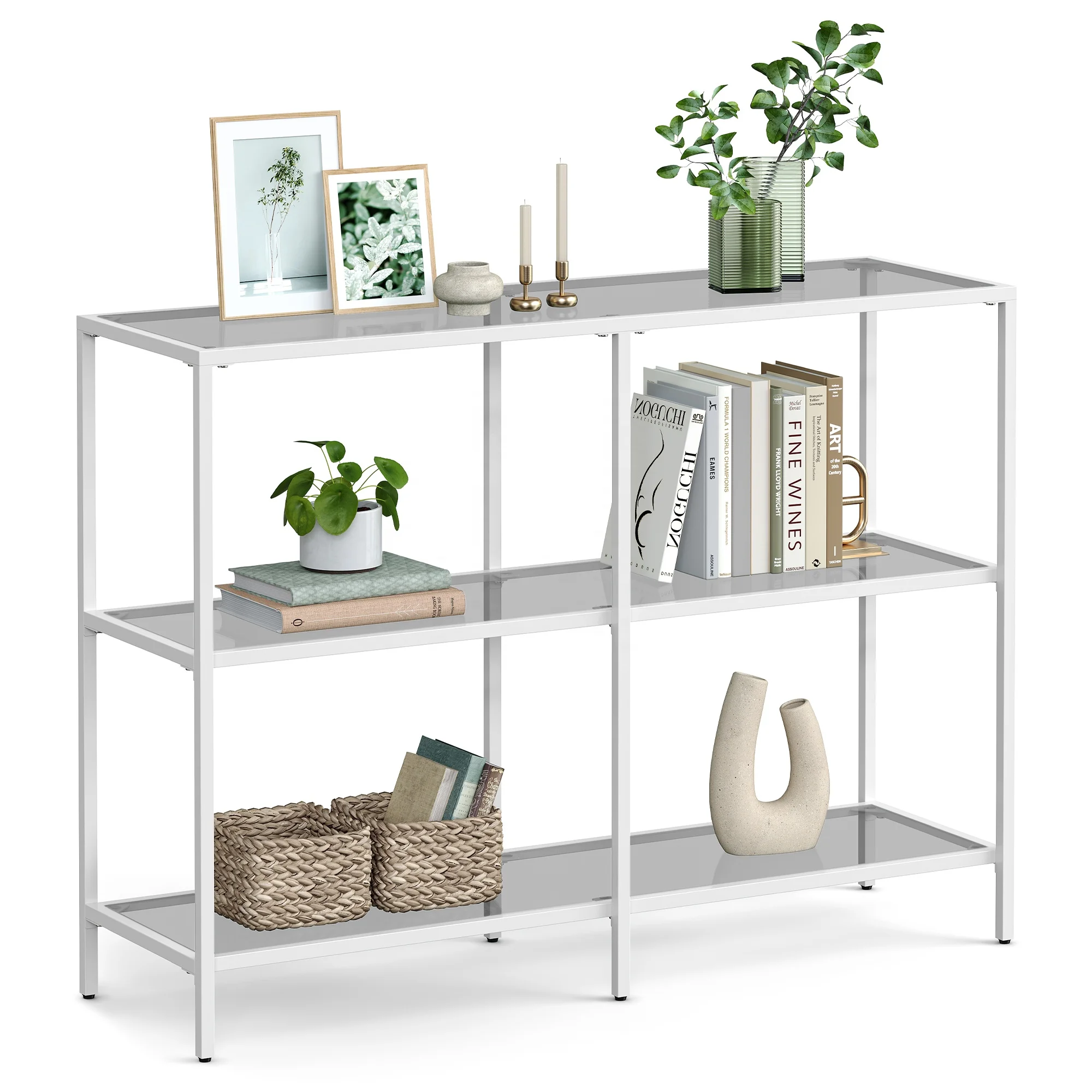 VASAGLE 3 tier Display Shelf Tempered Glass Top Storage Shelf with metal frame for Entryway Living Room Bedroom