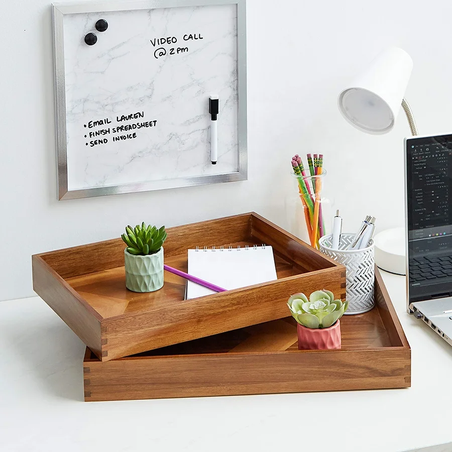 Luxury wholesale premium wood serv tray plate 2 pcs wooden serving tray set with handles