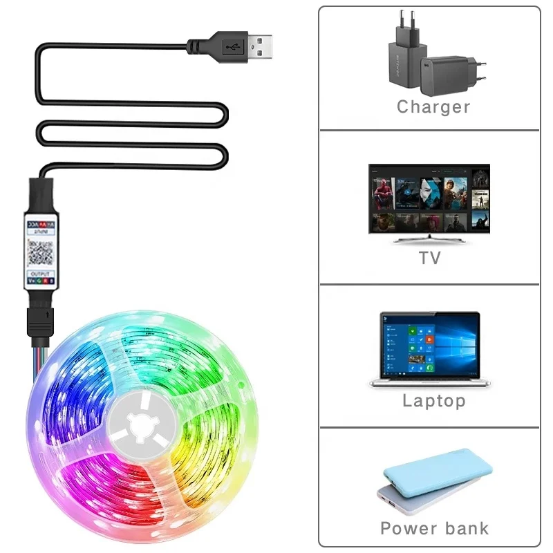 RGB 5050 Led Strip Light BT App 5V USB Led Tape Flexible Ribbon Diode Tape for TV Backlight Gaming Room Decoration