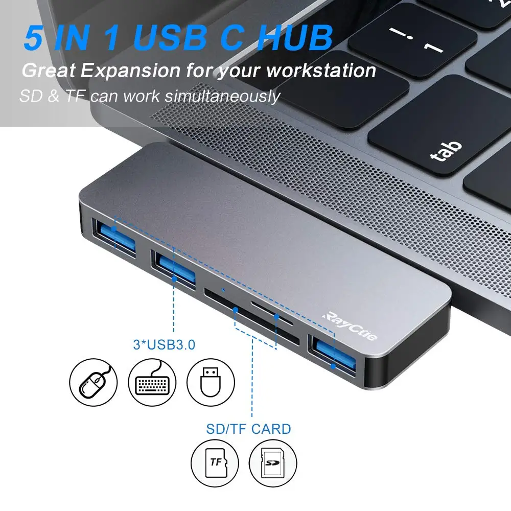 
Raycue 5 in 1Type C Hub with TF SD Card Reader 3 USB 3.0 Ports USB C HUB Compatible with 2016 2017 2018 Macbook Pro 