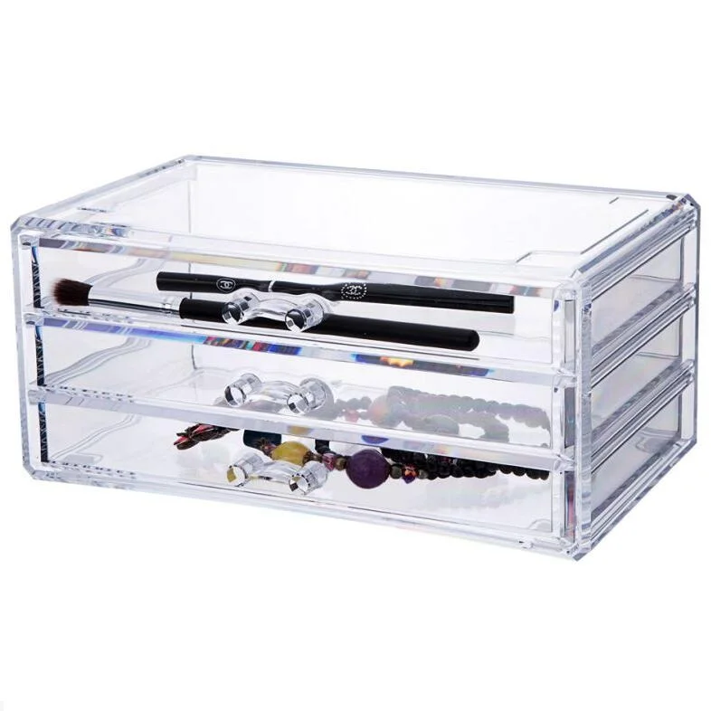 PS Acrylic Stackable Makeup Organizer Cosmetic Organizer with 3 Drawer Jewelry Storage Display Box Countertop Vanity Stand Case