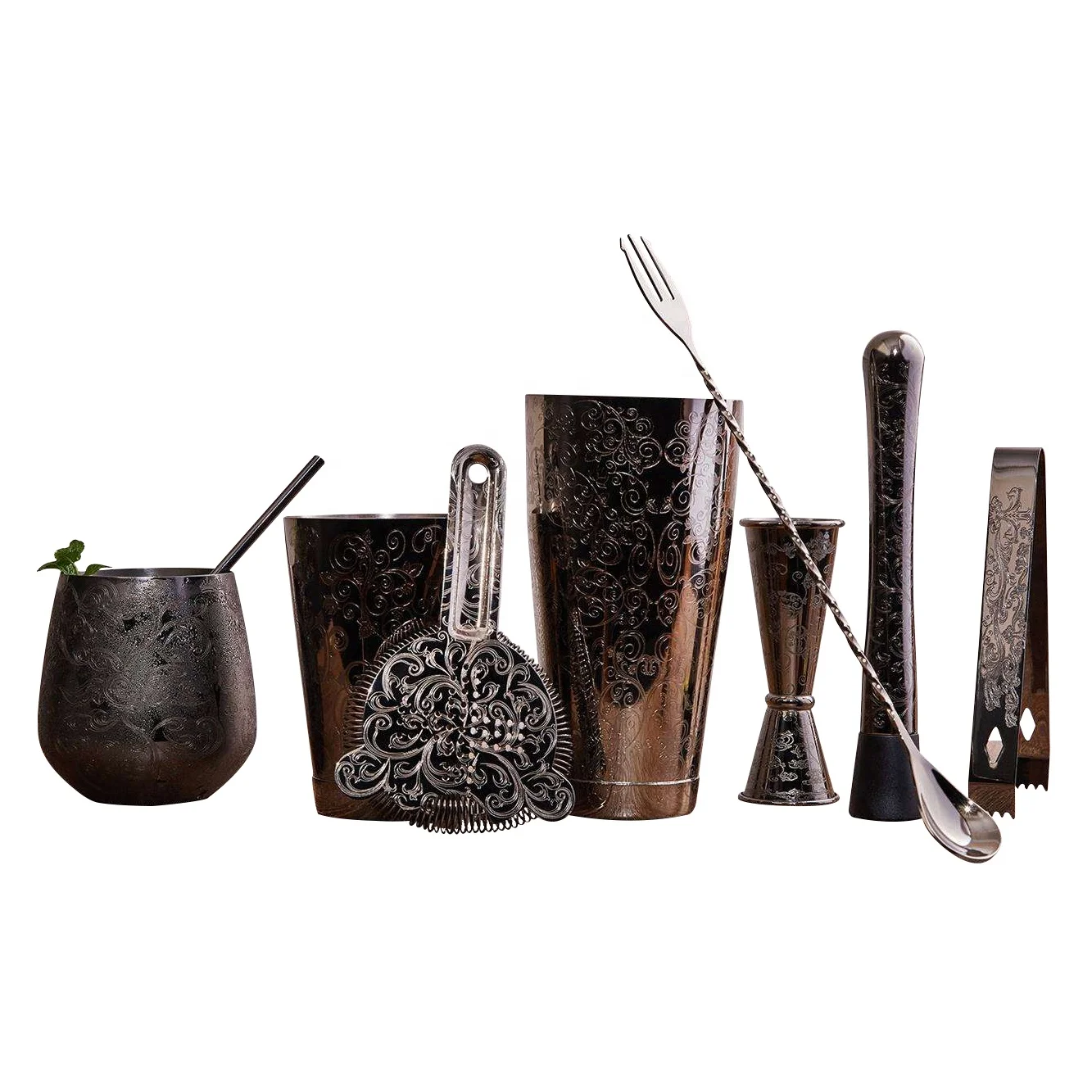 High Quality Etching Design Luxury Bartender Kit Stainless Steel Boston Cocktail Shaker Set
