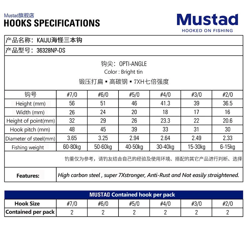 Mustad 36328 7X strong Sea fishing tackle Bulk classic Triple fish hook Mustad