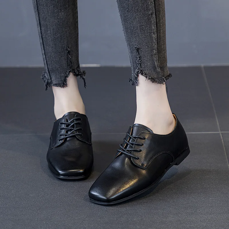 New Products All Season Formal Single Shoe Head Layer Cowhide Flat Lace-Up Office Shoes Commuter Nurse Shoes