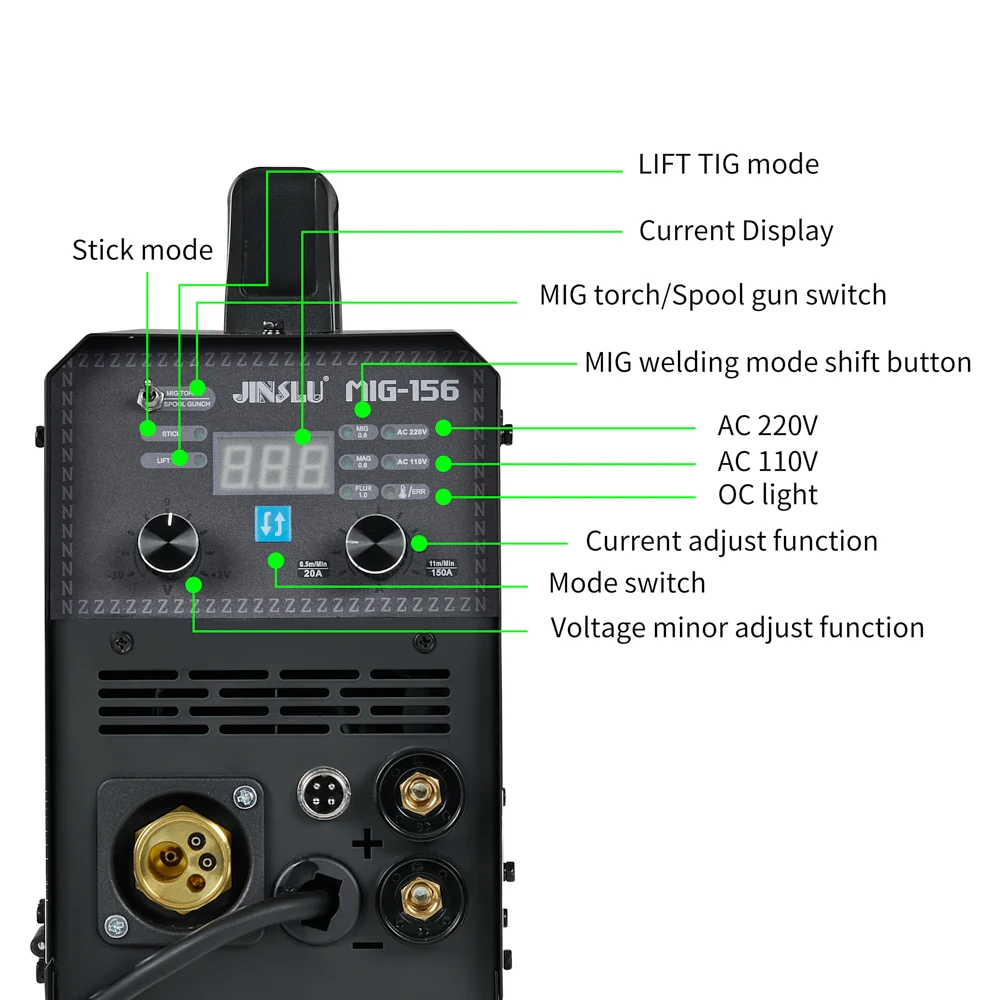 JINSLU 150A Multi-Process Welder, Gas/Gasless, MIG/Flux Cored/Lift TIG/Stick ARC, Synergic Control, Dual Voltage 110/220V