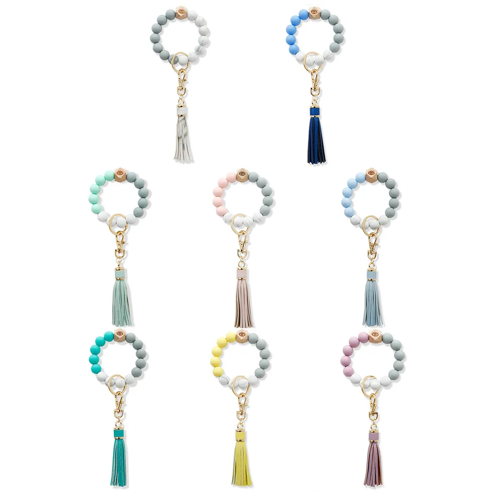 New Trend Wood Rosary Leather Keychain Self Defense Keychain Candy color Food grade String Wristlet Bracelet